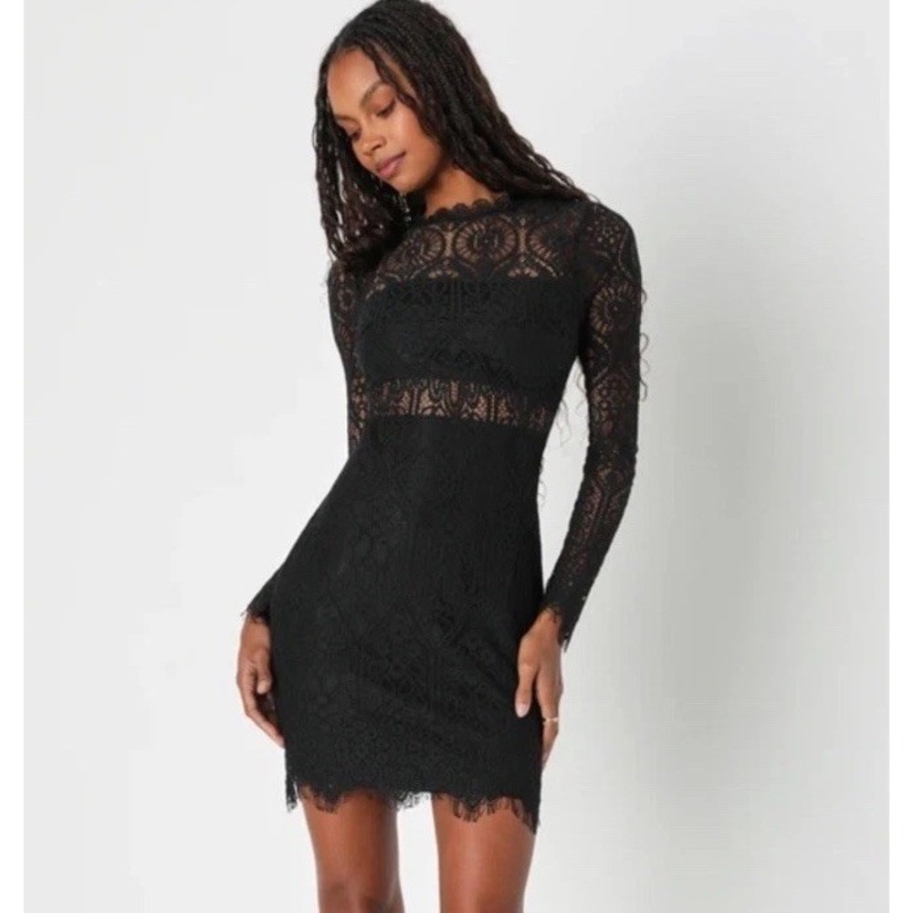 Lulus Appetite for Seduction Black Lace Long Sleeve Mini Dress Large Cocktail